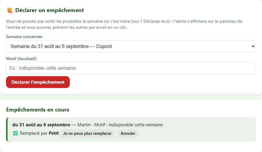 Onglet Empêchement